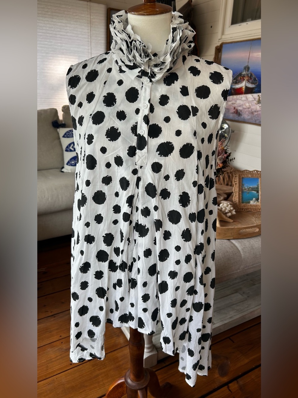 NWT Style New York Black White Polka Dot Ruffle Collar Tunic Top L